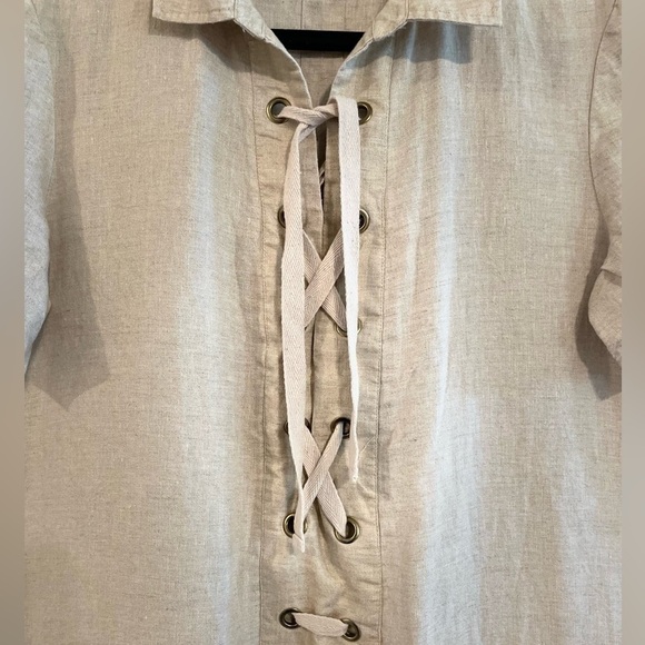 Chico's Women’s Shift Mini Dress Medium Tan Foiled 100% Linen Contemporary - Picture 8 of 17